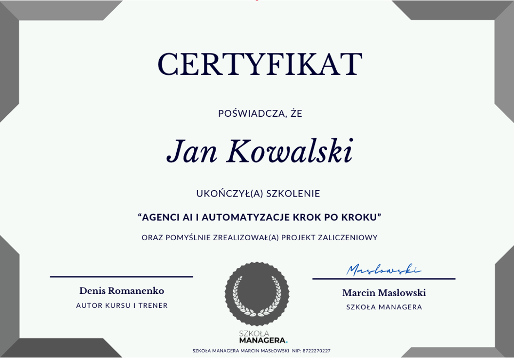 Przykładowy certyfikat ukończenia szkolenia